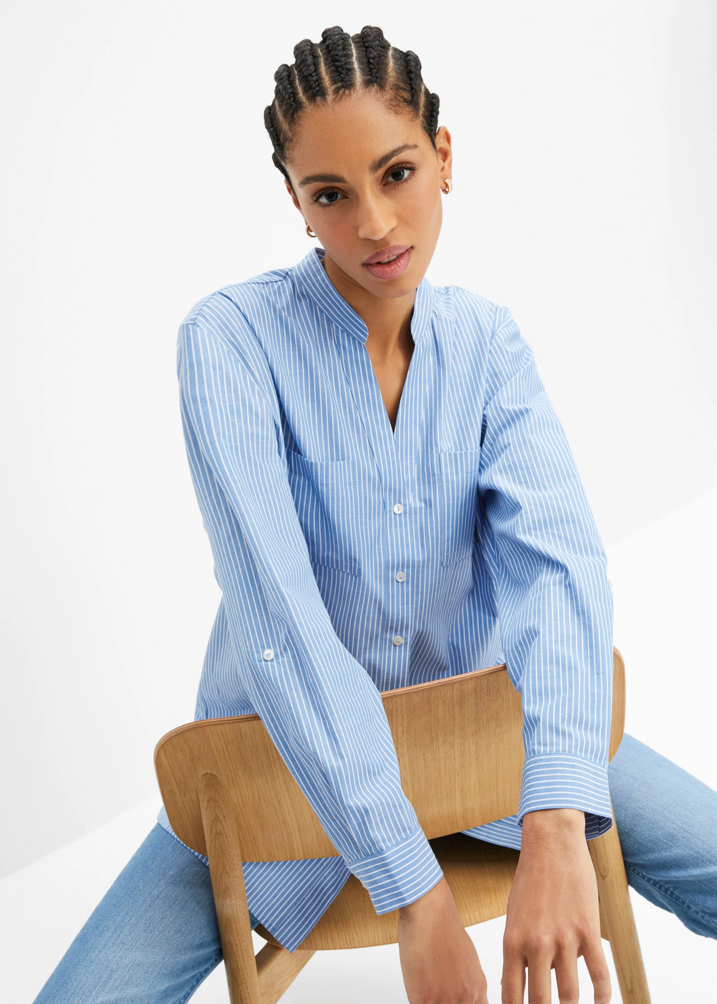 Lange blouse met oprolbare mouwen • middenblauw-wit gestreept • bonprix online shop