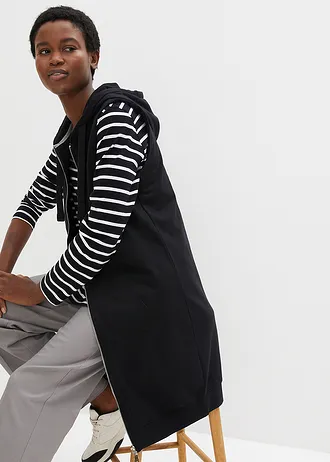 Długa kamizelka dresowa z kapturem, z mieszanki bawełny • czarny • sklep bonprix