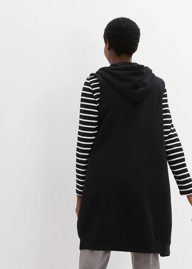 Lange sweat bodywarmer met capuchon, Kleur: zwart