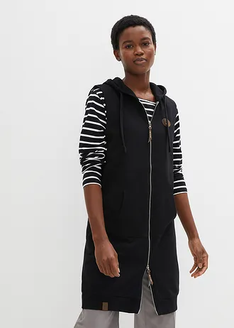 Lange sweat bodywarmer met capuchon, Kleur: zwart