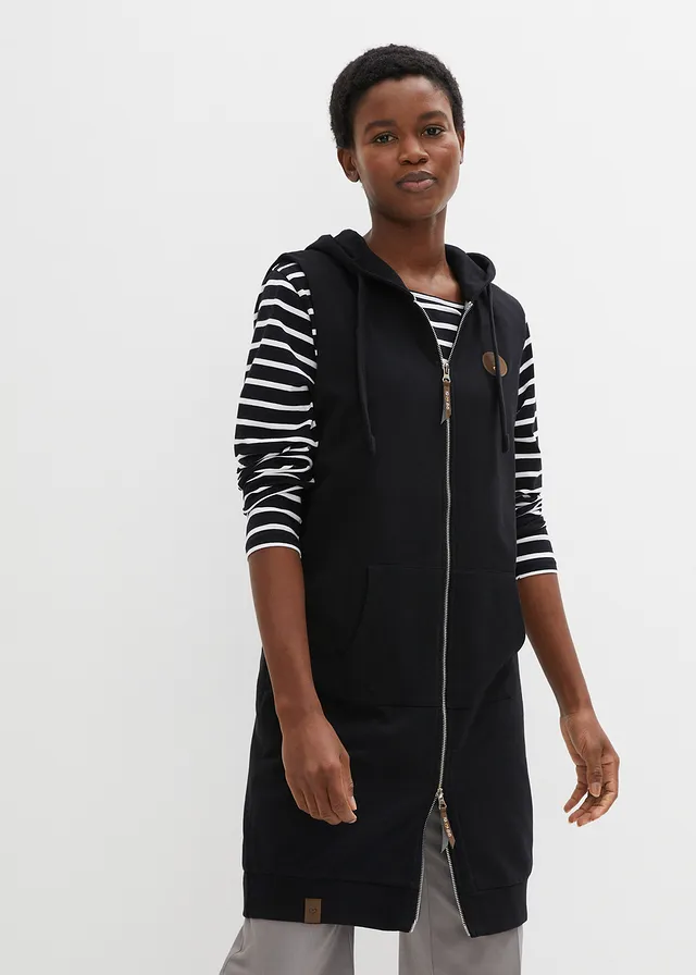Long gilet sweat sans manches, Couleur: noir