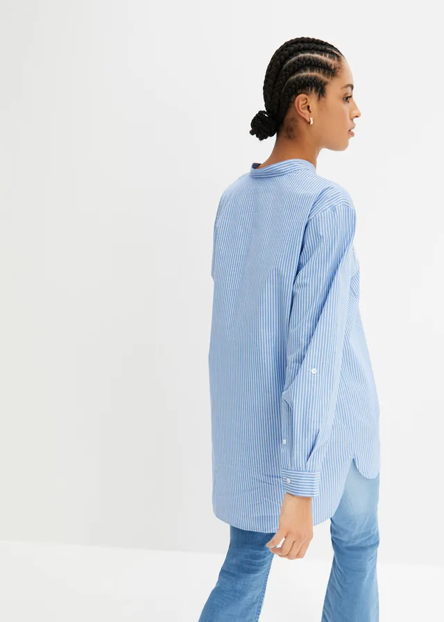 Lange blouse met oprolbare mouwen, Kleur: middenblauw-wit gestreept
