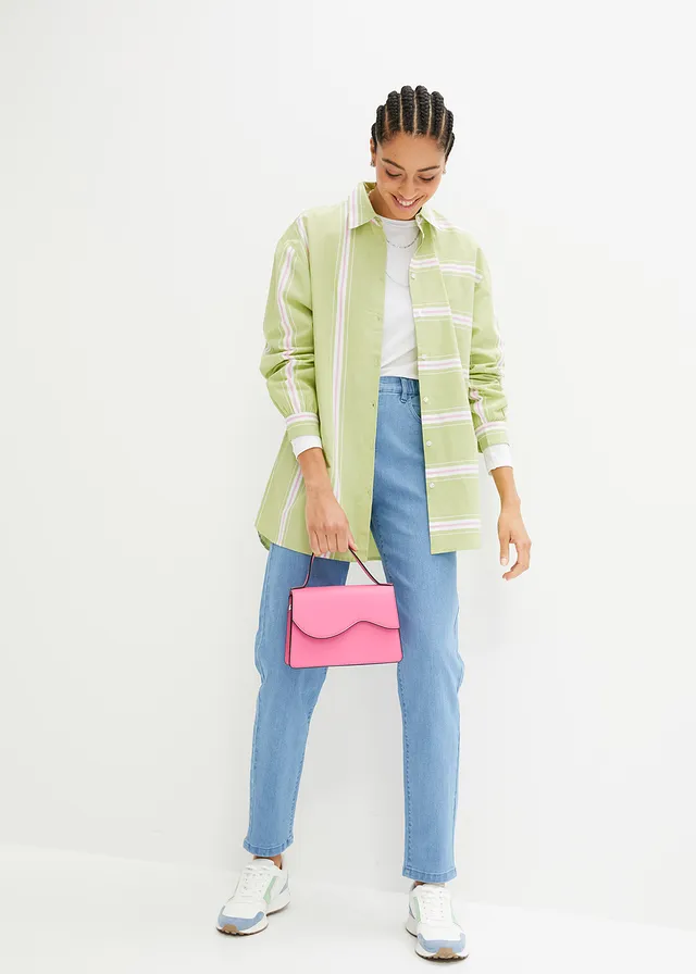Jean mom taille haute, extensible, Couleur: denim bleu clair
