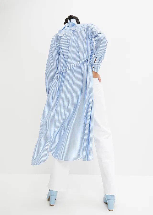 Robe-chemise rayée avec ceinture à nouer, Couleur: bleu moyen/blanc rayé