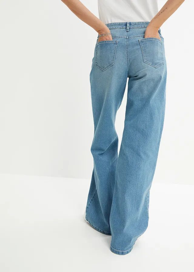 Wide leg jeans mid waist, stretch, Kleur: lichtblauw denim
