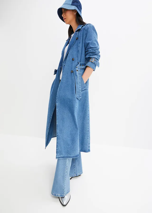 Denim trenchcoat, Kleur: middenblauw denim