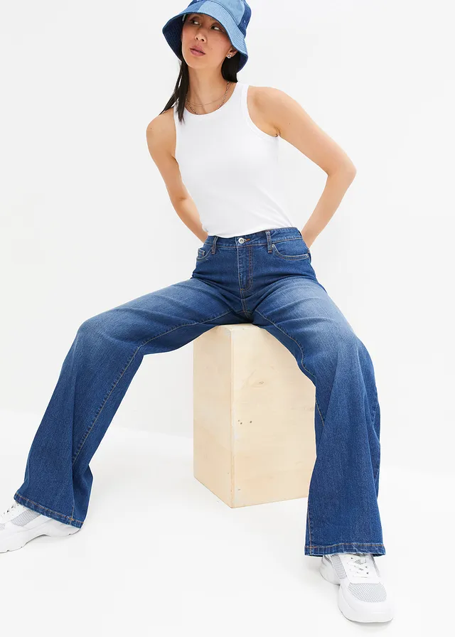 Jean large taille mi-haute, extensible, Couleur: bleu stone