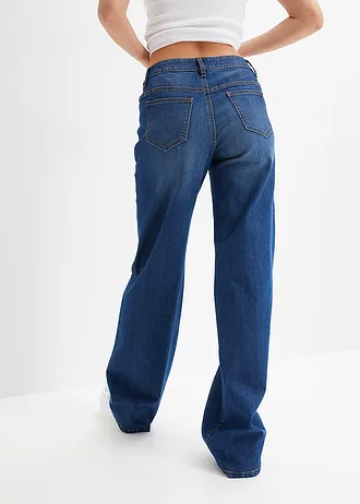 Wide leg jeans mid waist, stretch, Kleur: blauw denim