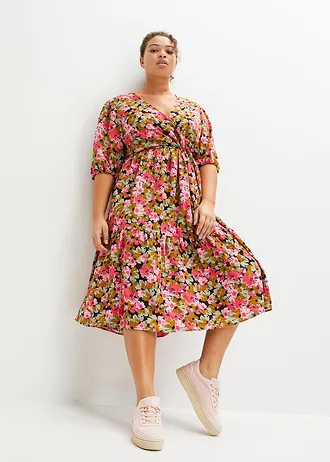 Robe midi en viscose mélangée, Couleur: vert gui-rose hibiscus floral