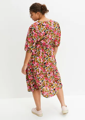 Robe midi en viscose mélangée, Couleur: vert gui-rose hibiscus floral