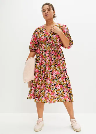 Robe midi en viscose mélangée, Couleur: vert gui-rose hibiscus floral