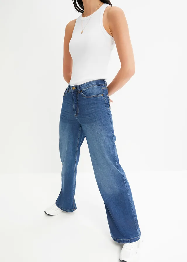 Jean large taille haute, Couleur: bleu denim used