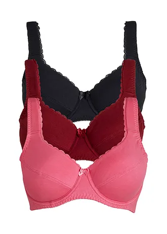 Merevítős melltartó puha bio-pamuttal (3 db-os csomag), szín: fekete+rododendron piros+flamingópink