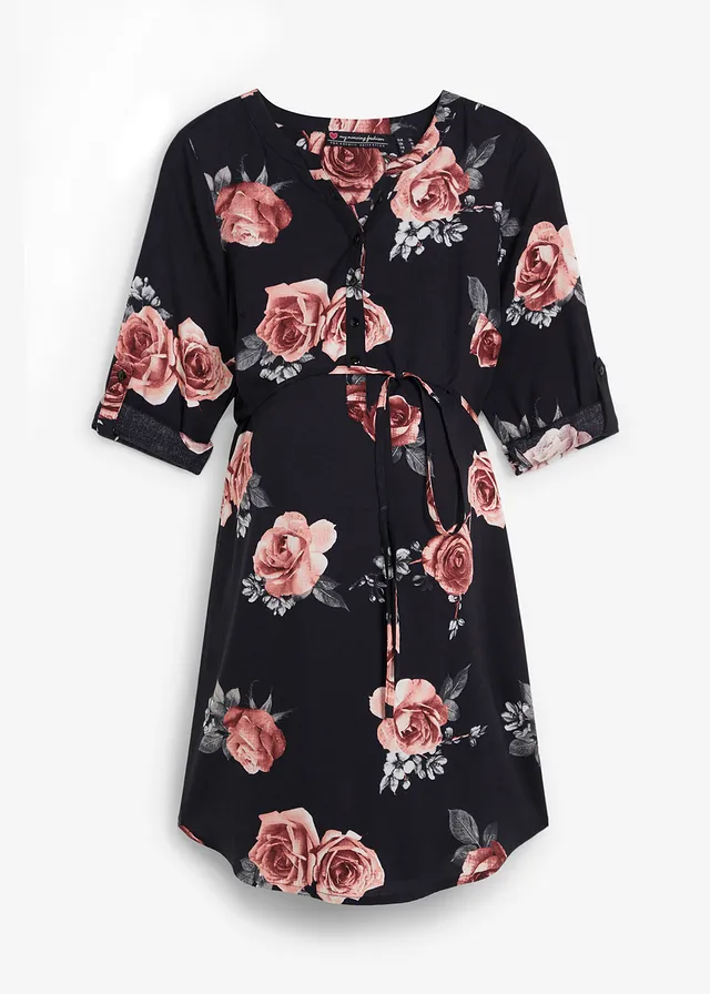 Lange zwangerschapsblouse / voedingsblouse, Kleur: zwart gebloemd
