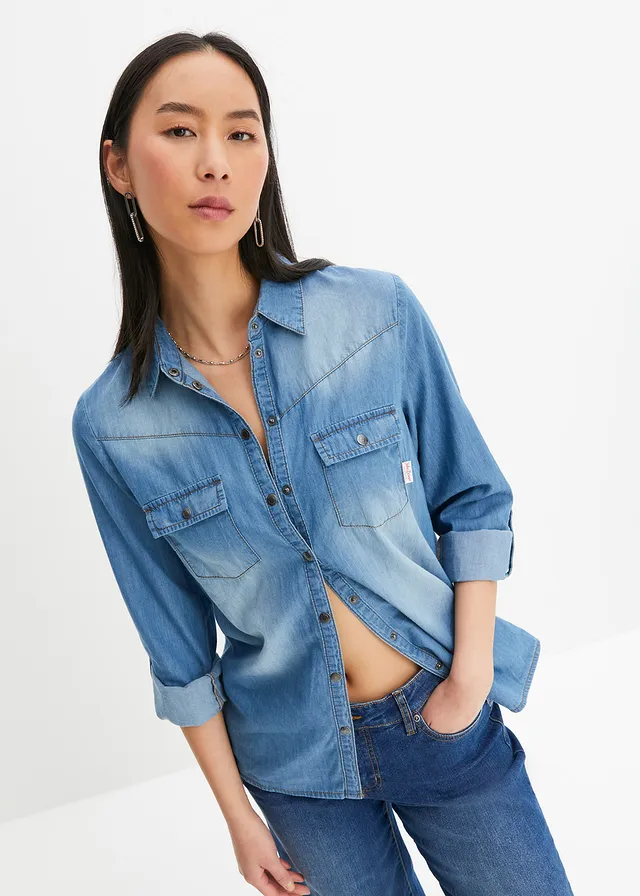 Spijkerblouse met drukknopen, lange mouwen, Kleur: middenblauw