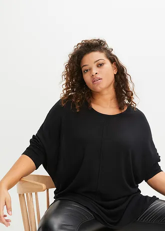 Fijnebreide trui met 3/4 mouwen, Kleur: zwart