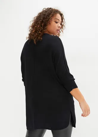 Fijnebreide trui met 3/4 mouwen, Kleur: zwart