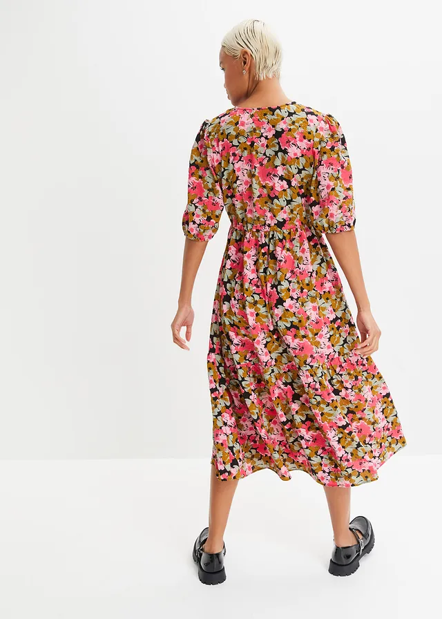 Midi jurk an een viscosemix, Kleur: mistelgroen-hibiscuspink gebloemd