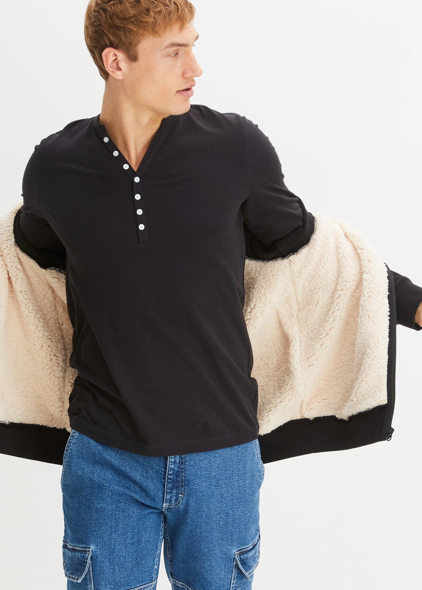 Bluză henley cu mâneci lungi din bumbac organic 100%, slim fit • negru/alb • magazin bonprix