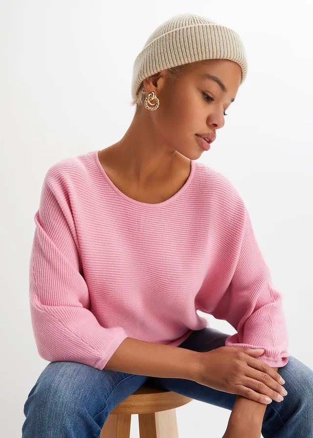 Geribde oversized trui van viscosemix, Kleur: roze