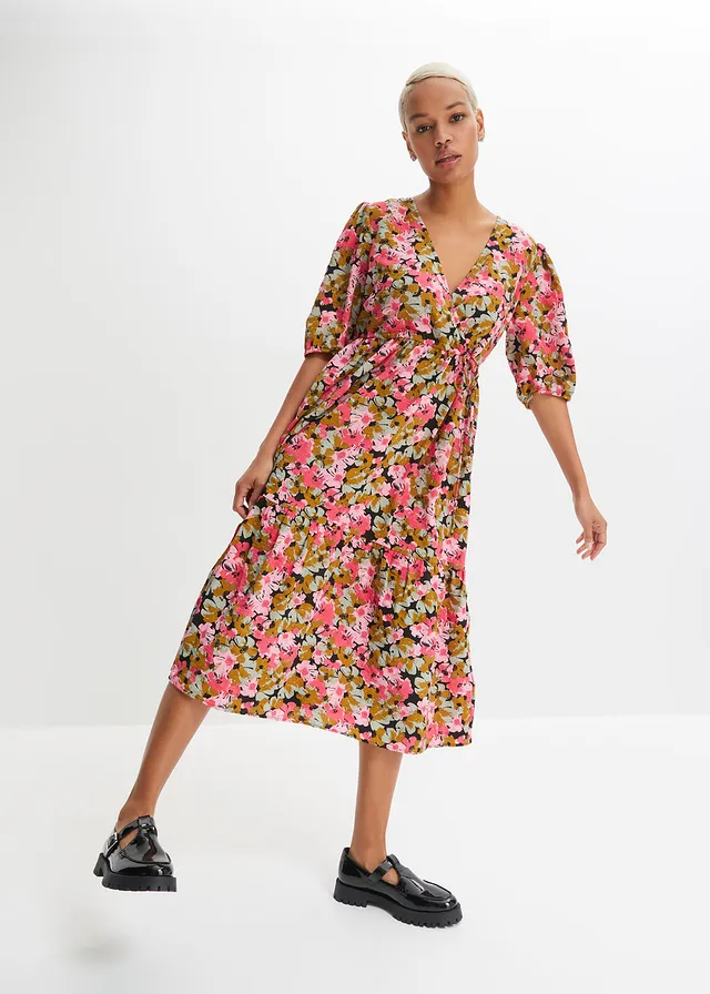 Midi jurk an een viscosemix • mistelgroen-hibiscuspink gebloemd • product-page.page-title-suffix