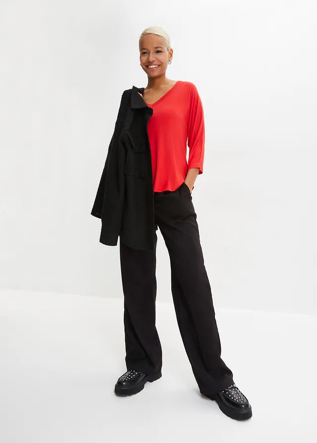 Shirt in een mix van viscose en elastan, Kleur: aardbeirood