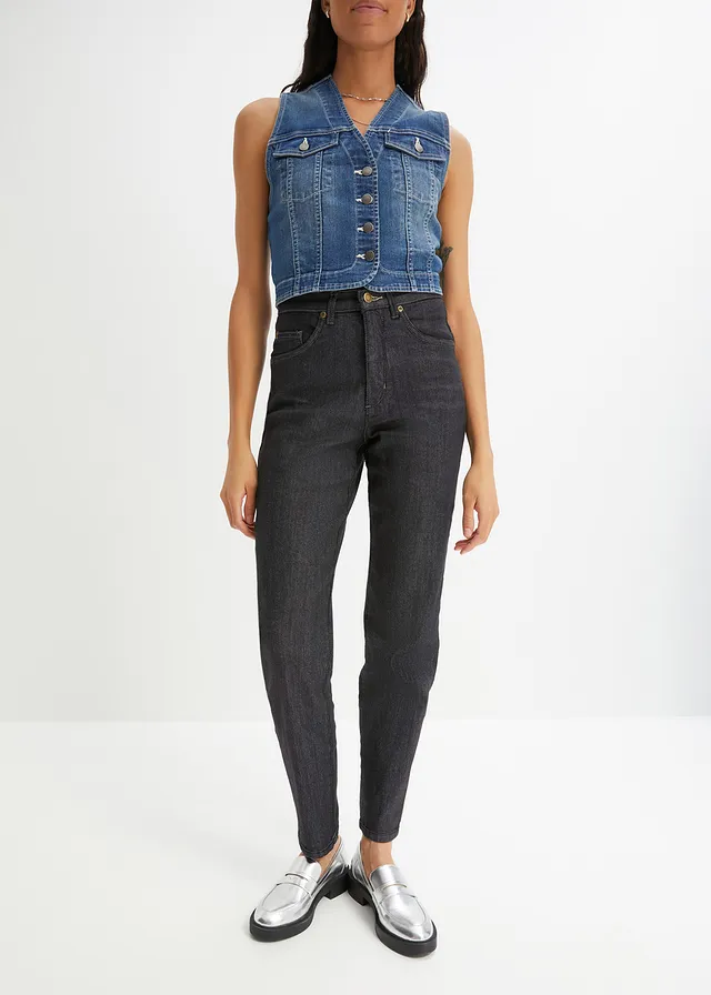 Jean mom taille haute, extensible, Couleur: noir denim used