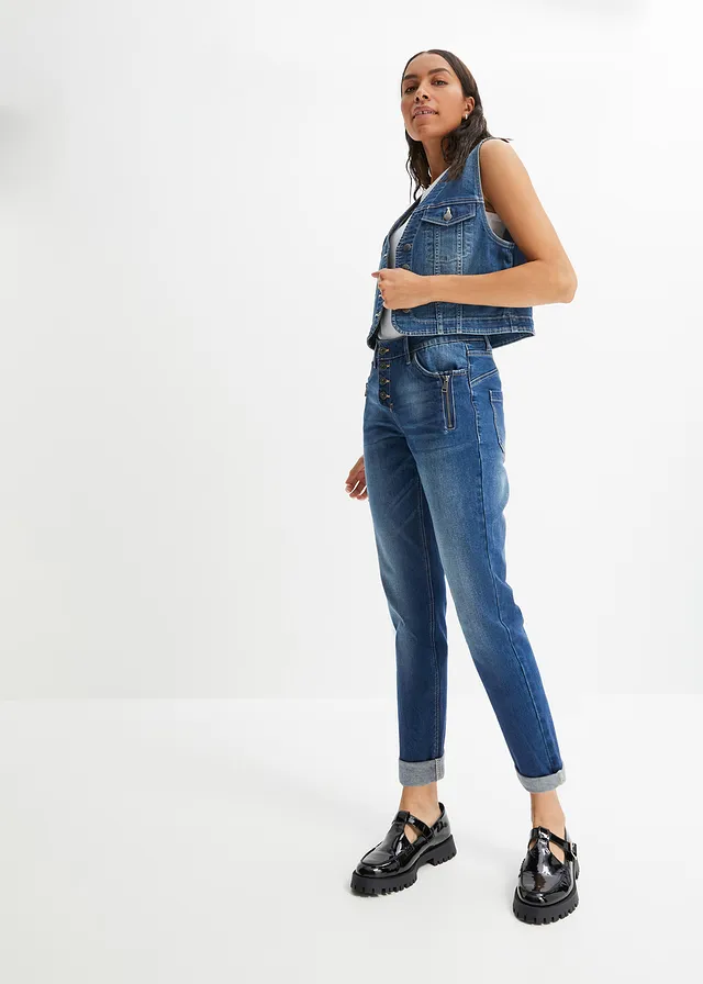 Boyfriend jeans met ritsdetails, Kleur: blue stone