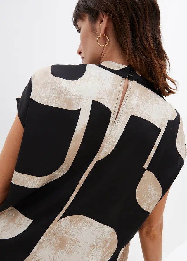 Satijnen tuniekblouse • zwart-kiezelgrijs-kakibeige • product-page.page-title-suffix