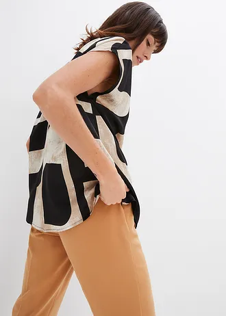Tuniková halenka ze saténu • černo-šedobéžovo-khaki béžová s potiskem • bonprix obchod