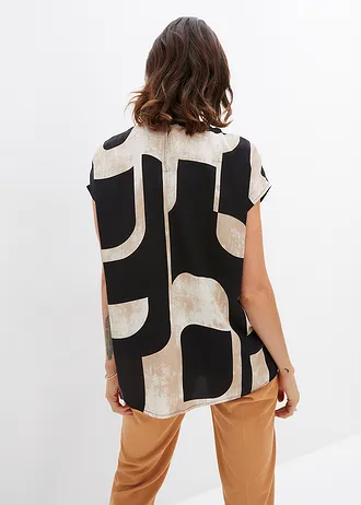 Tuniková halenka ze saténu, barva: černo-šedobéžovo-khaki béžová s potiskem