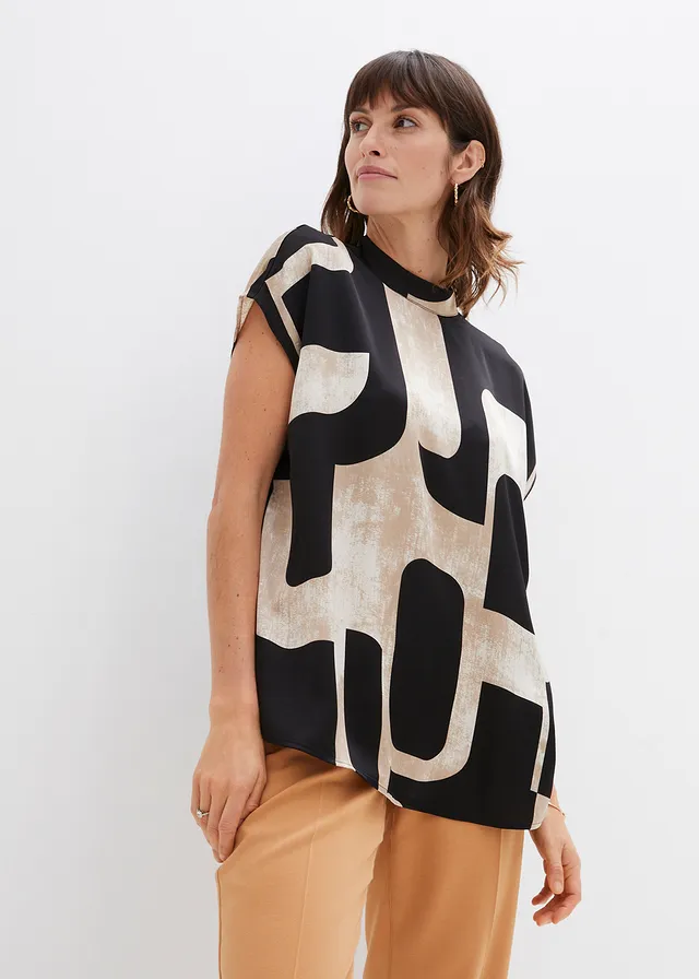 Satijnen tuniekblouse, Kleur: zwart-kiezelgrijs-kakibeige