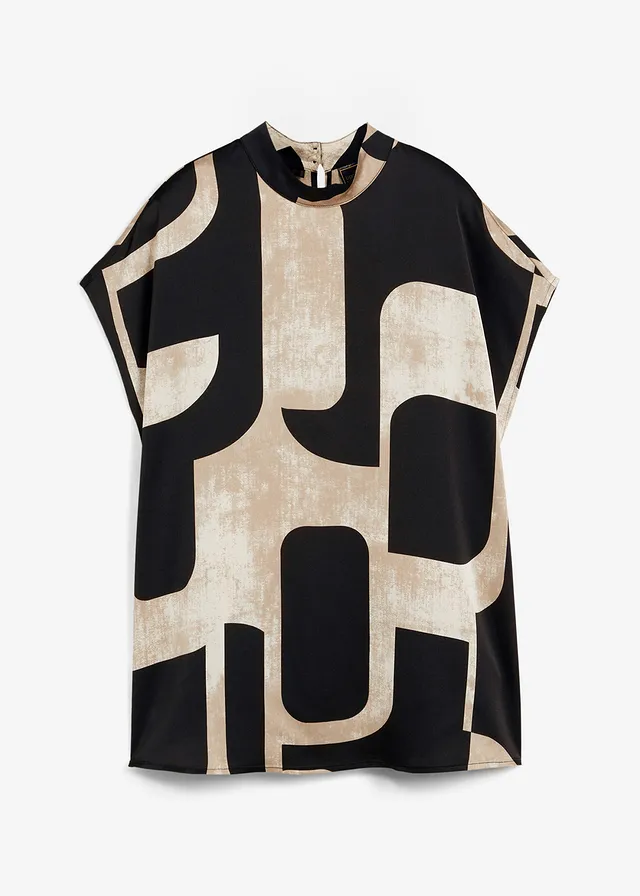 Blouse sans manches en satin, Couleur: noir/beige galet/beige kaki imprimé