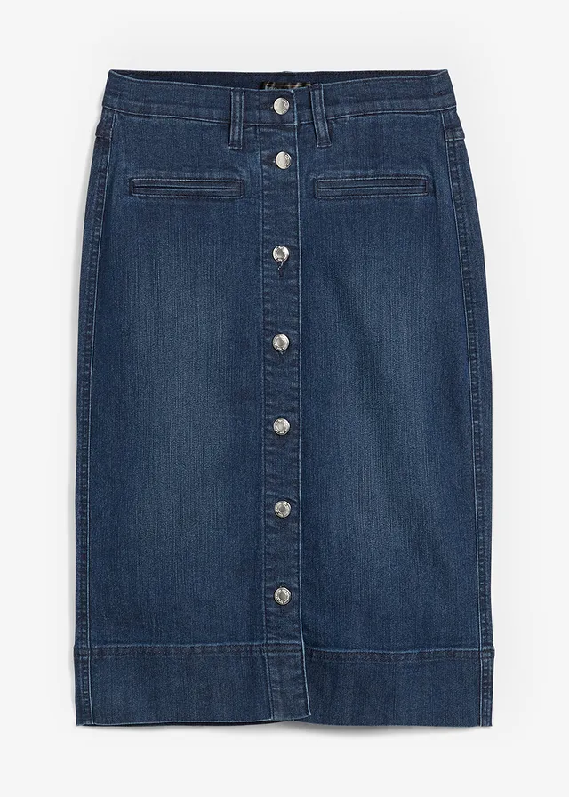 Spijkerrok met sierknopen, Kleur: donkerblauw denim
