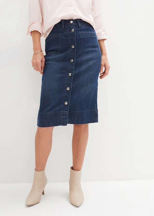 Spijkerrok met sierknopen, Kleur: donkerblauw denim