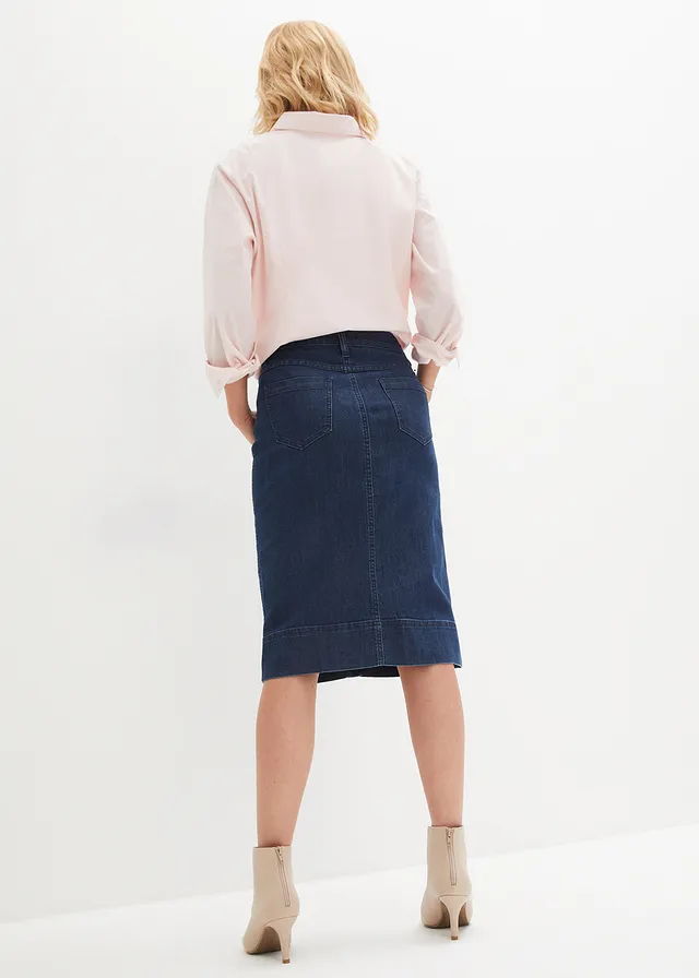 Spijkerrok met sierknopen, Kleur: donkerblauw denim