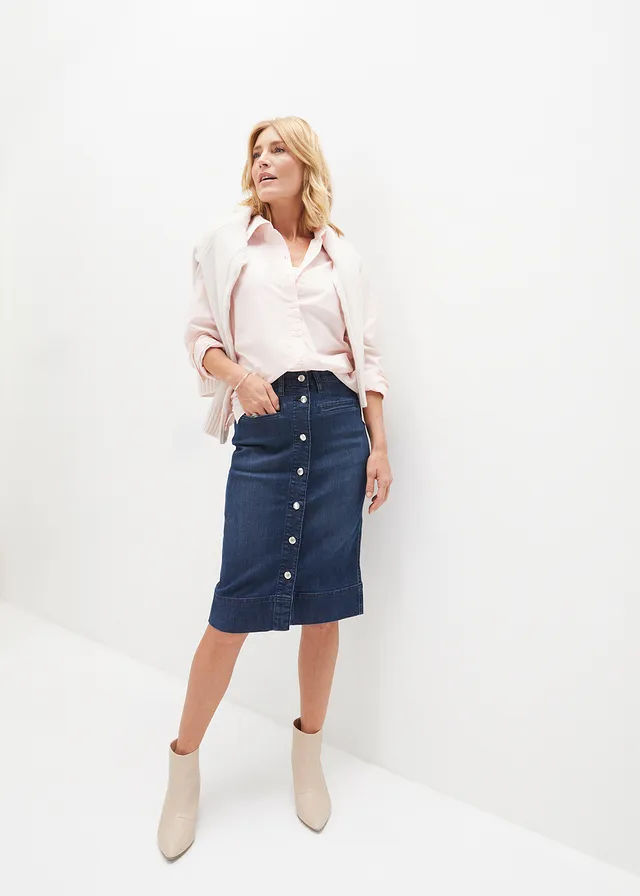 Spijkerrok met sierknopen, Kleur: donkerblauw denim