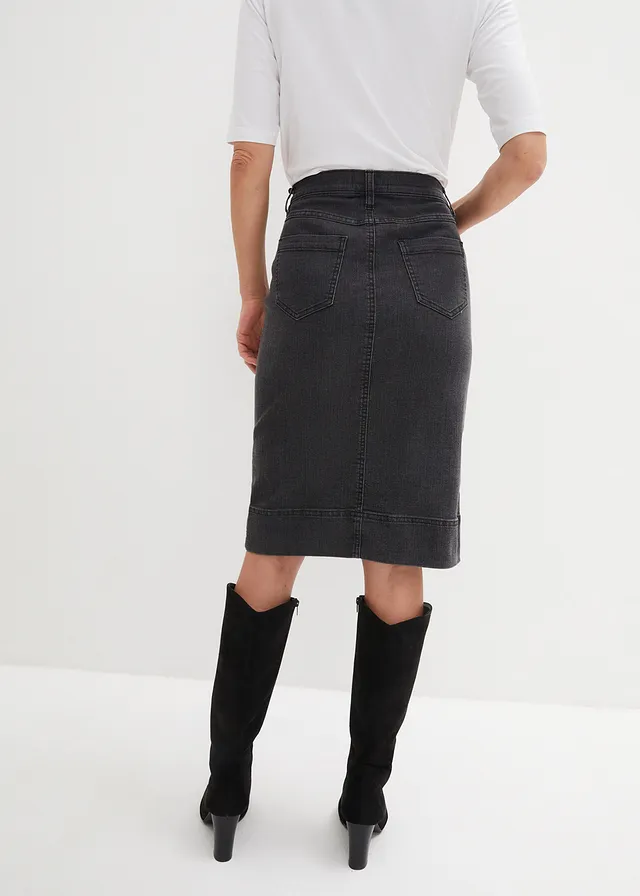 Spijkerrok met sierknopen, Kleur: zwart denim