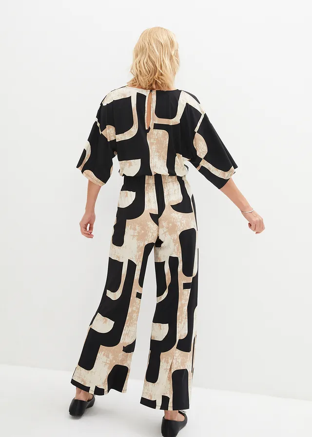Jersey jumpsuit met V-hals, Kleur: zwart/kiezelbeige/kakibeige met print
