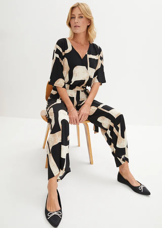 Jersey jumpsuit, Kleur: zwart-kiezelgrijs-kakibeige