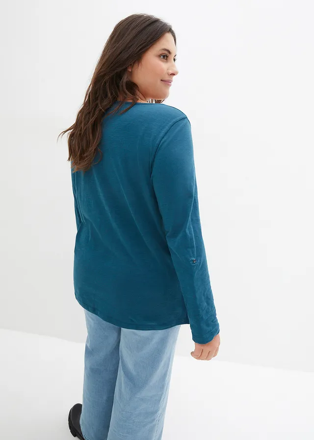 T-shirt manches longues à col boutonné, 100% coton, Couleur: pétrole