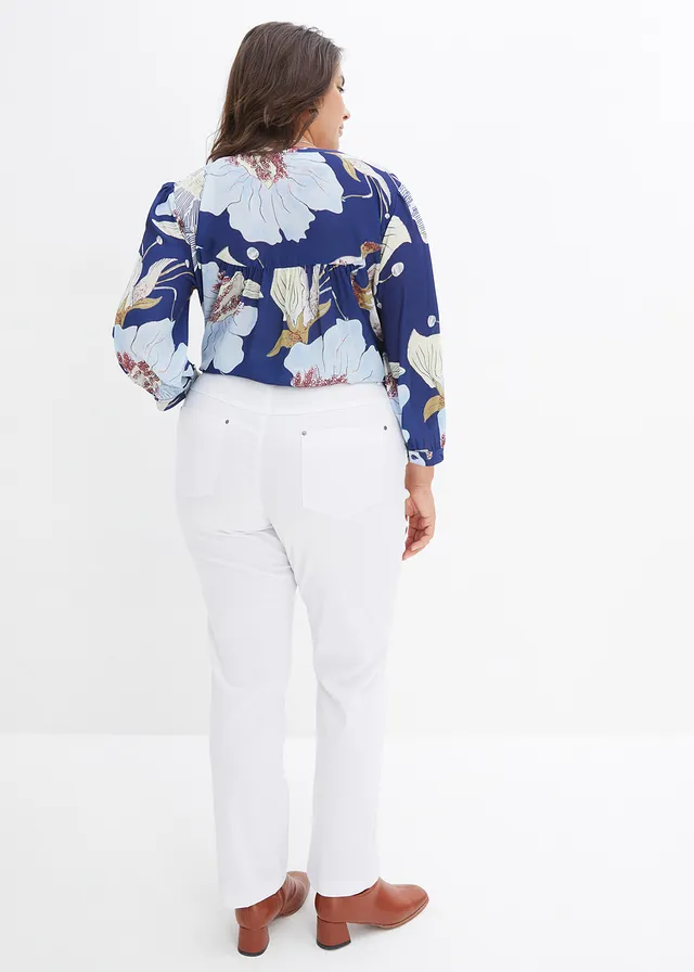 Bengaline stretch broek met comfortband, straight, Kleur: wit