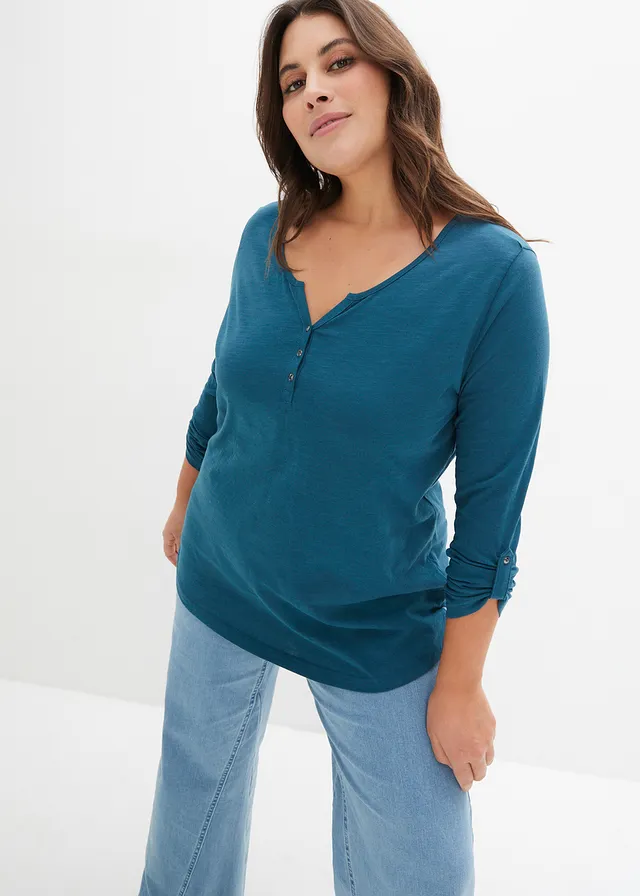 T-shirt manches longues à col boutonné, 100% coton, Couleur: pétrole