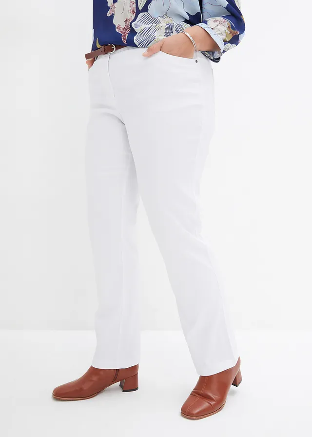 Pantalon droit en bengaline extensible, taille élastiquée, Couleur: blanc