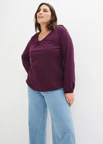 Katoenen longsleeve met elastiek van katoen, Kleur: vlierbes