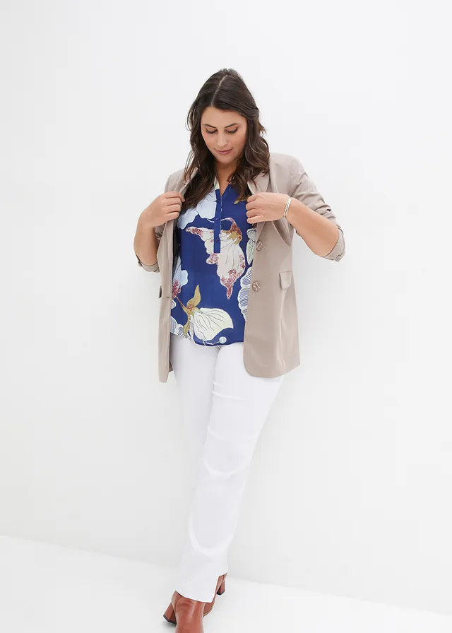 Bengaline stretch broek met comfortband, straight, Kleur: wit