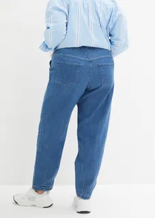 Jean mom, taille haute élastiquée, Couleur: bleu moyen denim used