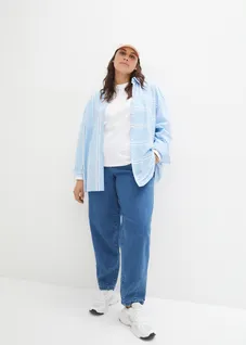 Jean mom, taille haute élastiquée, Couleur: bleu moyen denim used