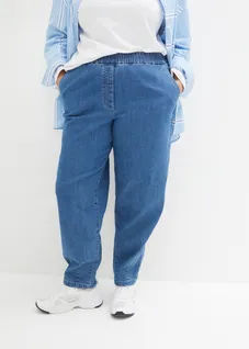 Jean mom, taille haute élastiquée, Couleur: bleu moyen denim used