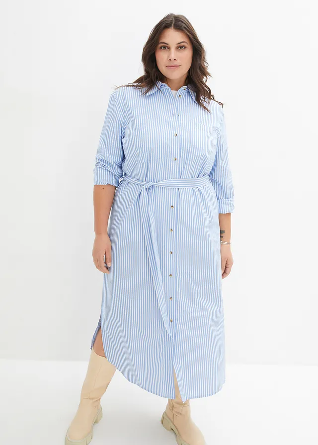 Robe-chemise rayée avec ceinture à nouer, Couleur: bleu moyen/blanc rayé